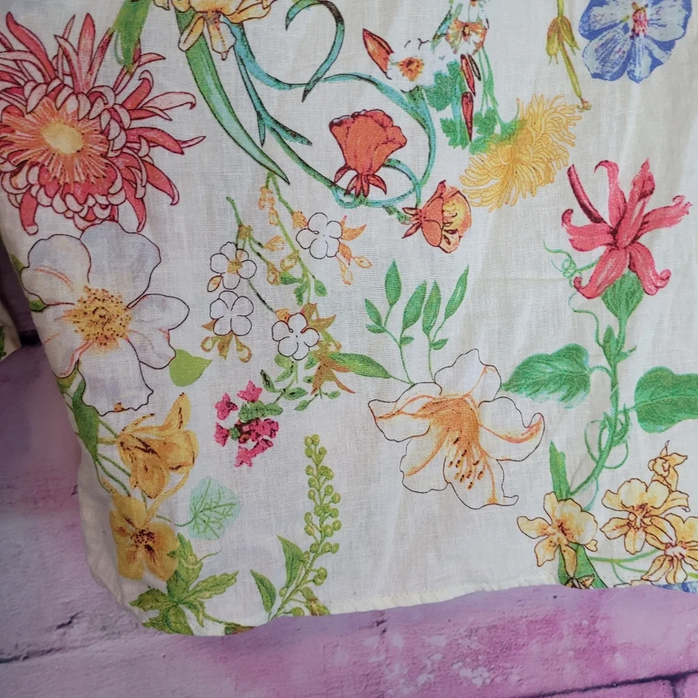 LAURA ASHELY LINEN BLEND BUTTON FRONT FLORAL PRINTED PUFF SLEEVE BOHO BLOUSE L - Picture 9 of 12